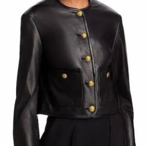 Veronica Beard Black Leather Jacket with Gold Buttons
